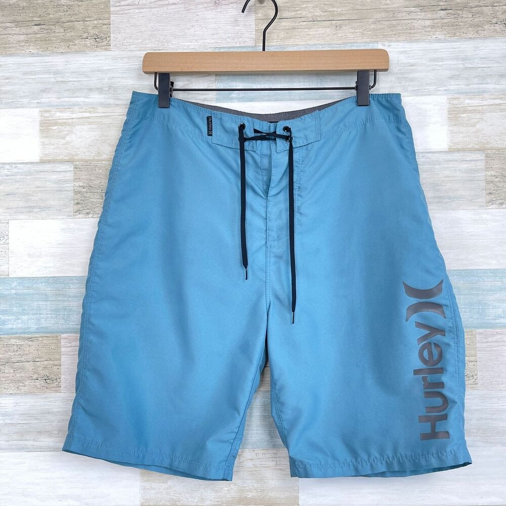 Hurley Swim Board Shorts Blue Solid 9" Inseam Logo Quick Dry Swimwear Mens 30